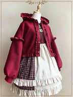 Lolita Coats White Red Ruffles Sweet Suede Jacket for Women Autumn Short Hooded