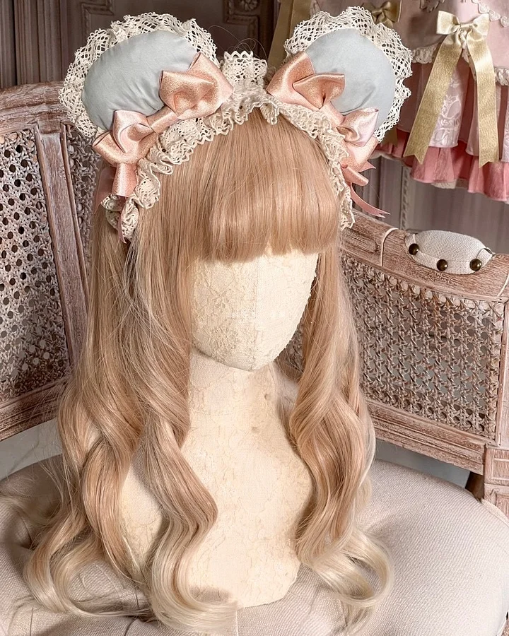 Lolita Hair Accessories Pink-green Handmade Bear Ears Sweet Hair Clips Headband Kawaii Headwear