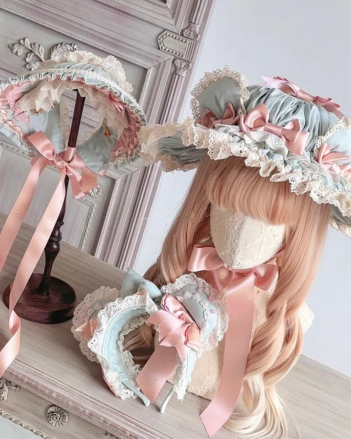 Lolita Hair Accessories Pink-green Handmade Bear Ears Sweet Hair Clips Headband Kawaii Headwear
