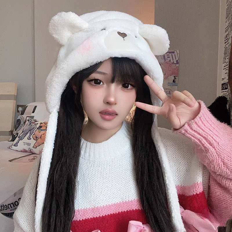 Design Concept:
This Lolita hair accessory is a fluffy winter hood made from soft lamb fleece, available in white and khaki. Designed with cute bear ears, tie-up pom-poms, and ear-covering flaps, it combines warmth with playful charm. With a head circumference of about 56–58cm, it offers a comfortable fit for most wearers. Perfect for autumn and winter, this hood keeps you cozy while adding a sweet and stylish Lolita touch to both daily outfits and cosplay looks.