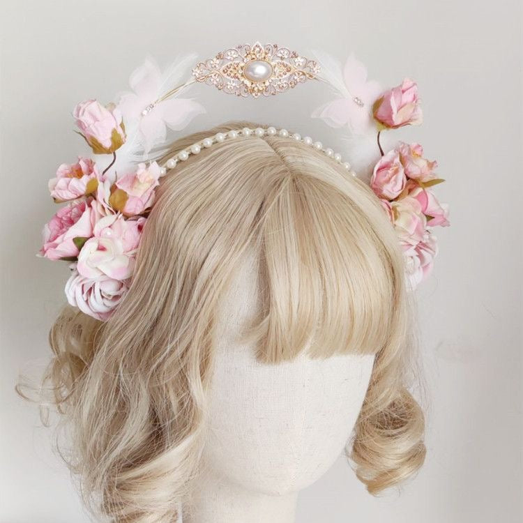 Lolita Accessories Headwear Crown Flower Pearl Tiara Rococo Headband Fairy Hair Accessories