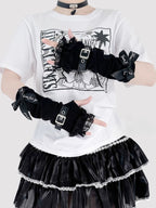 Design Concept:
These Lolita hand accessories feature a striking black and white striped design paired with delicate lace trims, creating the perfect balance of sweet and punk aesthetics. The fingerless style ensures comfort and flexibility, while the decorative buckle detail adds a bold, edgy touch. Crafted from soft cotton with fine lace edging, these sleeves are suitable for layering with both Ouji-inspired coordinates and sweet-punk Lolita outfits.