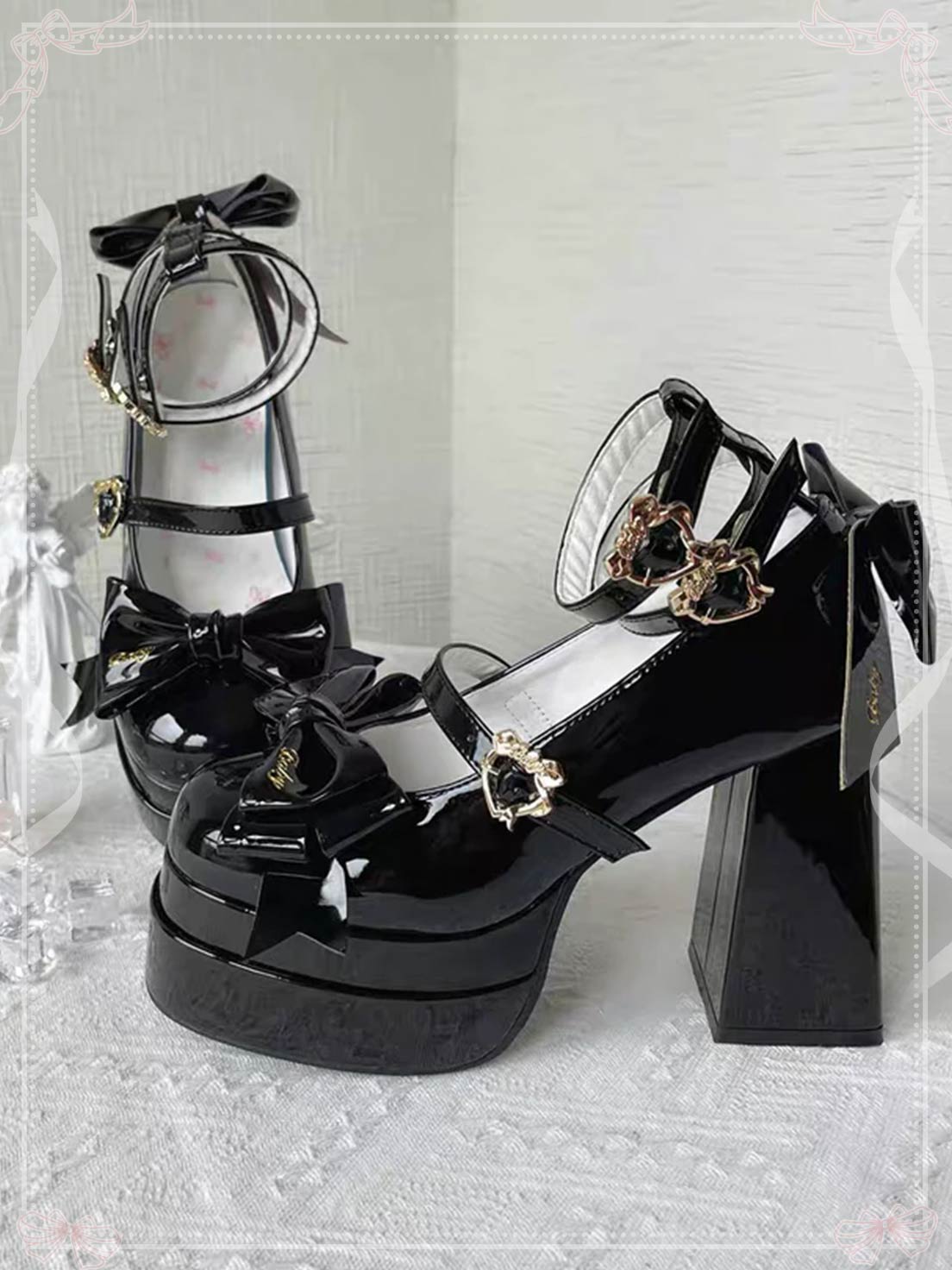 Lolita High Heels Women's Lo Shoes Cute Bow Round Head Thick Heel Single Shoes