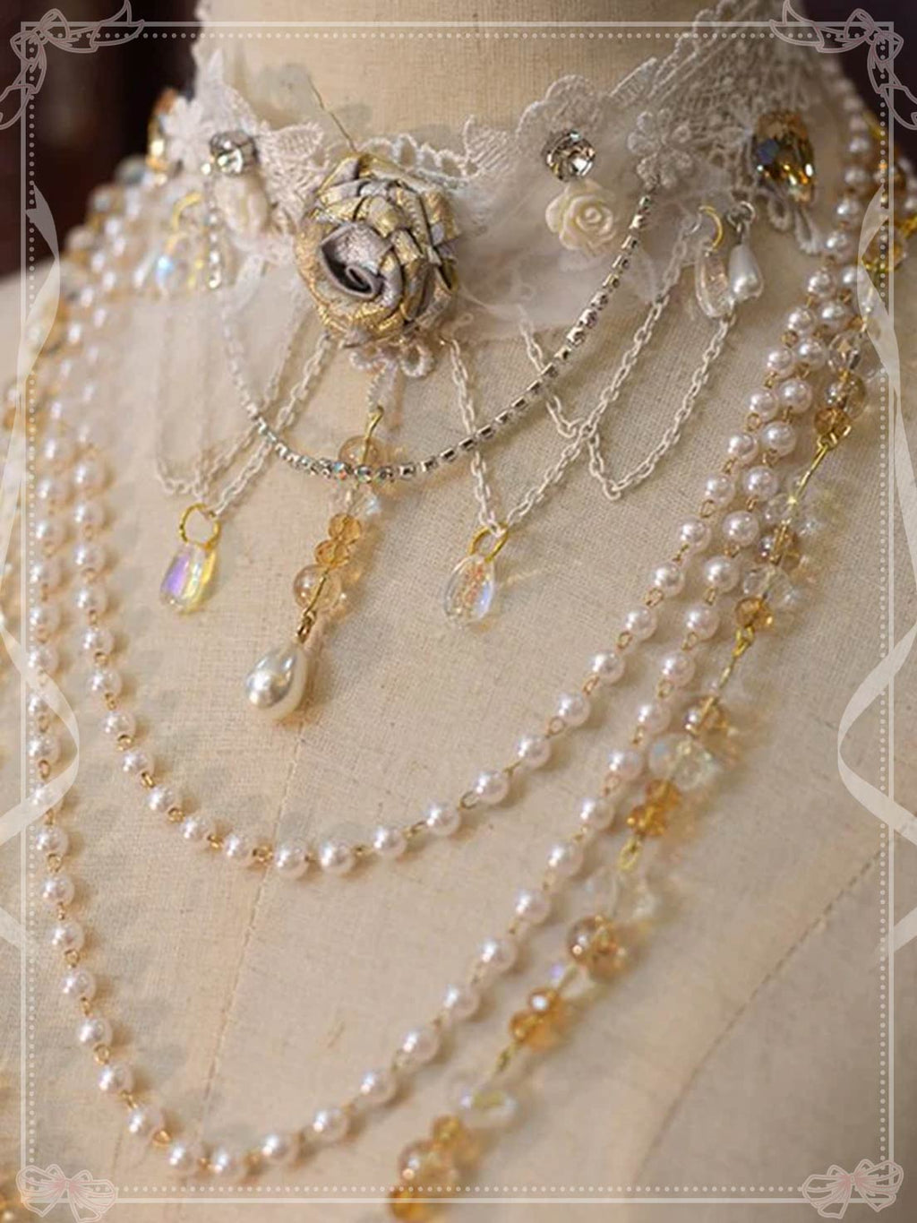 Lolita Necklace Handmade Rose Lace Choker Pearl Crystal Lolita Accessories