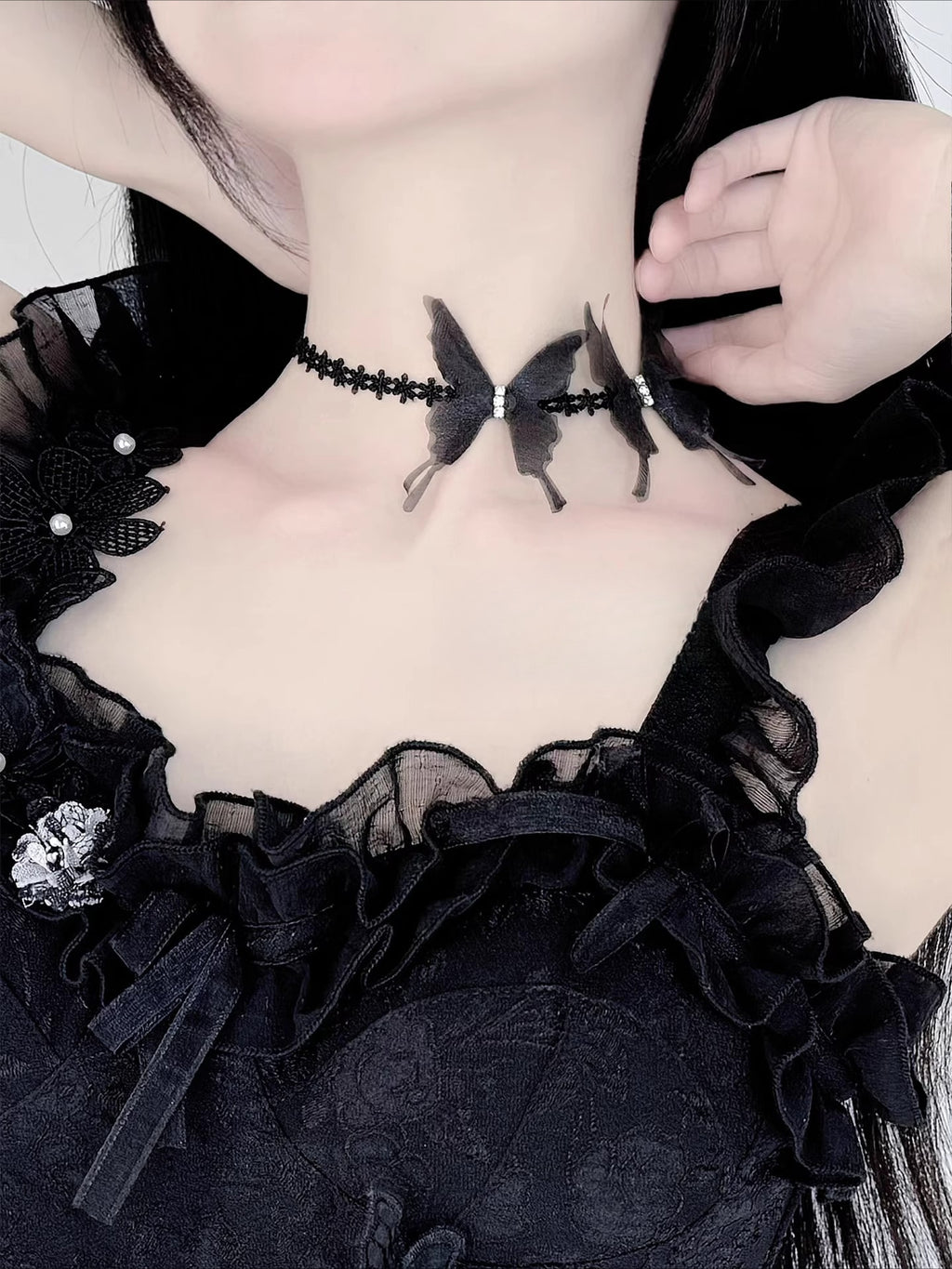 Design Concept：


This Lolita lace choker features a delicate butterfly design, available in both black and white. The short collar style adds a subtle yet elegant touch to your neckline, perfect for a pure and sexy Lolita aesthetic. Crafted with soft, comfortable lace, it is ideal for accessorizing dresses, blouses, or cosplay outfits, enhancing your feminine and whimsical style.