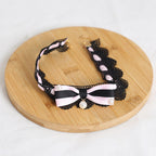 Design Concept:
This Lolita necklace collection comes in two charming variations. The dark pink version features a delicate lace choker adorned with a black heart pendant, while the light pink version is styled with a graceful pearl pendant. Both designs are accented with bow details, creating a sweet and elegant Lolita accessory perfect for completing a lovely outfit.
