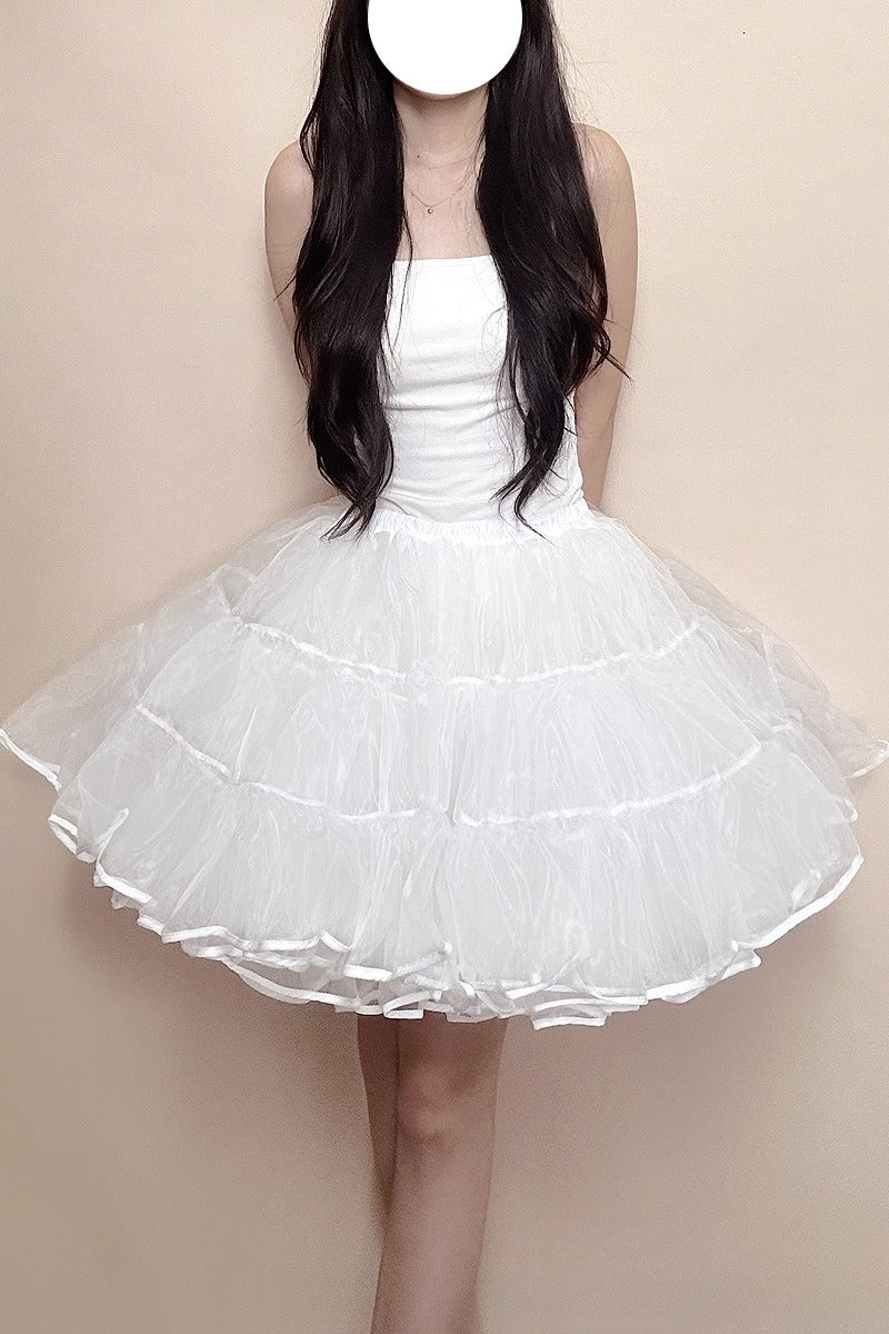 Lolita Petticoat Short White Ivory Four-layer Ruffles and Fishbone Elastic Waist for Daily Wear