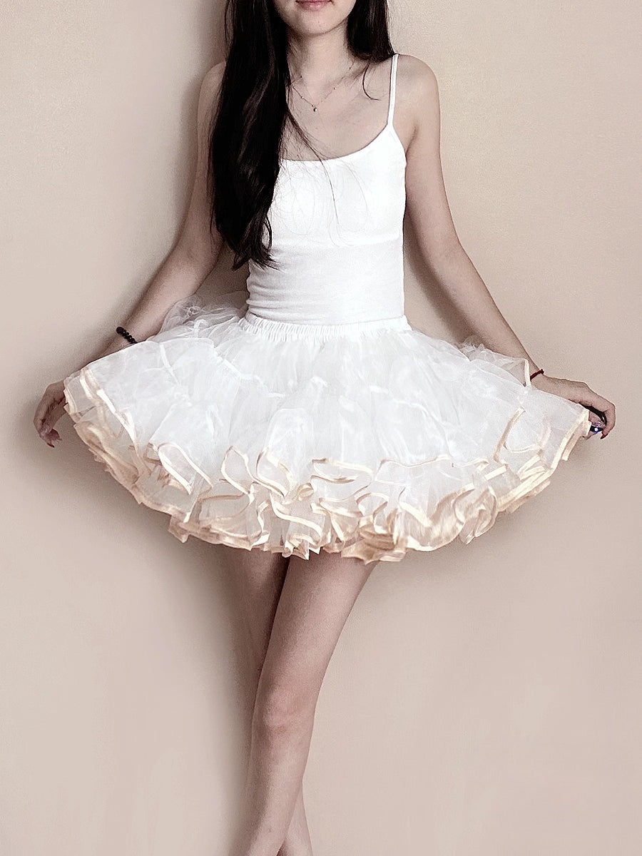 Lolita Petticoat Short White Ivory Four-layer Ruffles and Fishbone Elastic Waist for Daily Wear