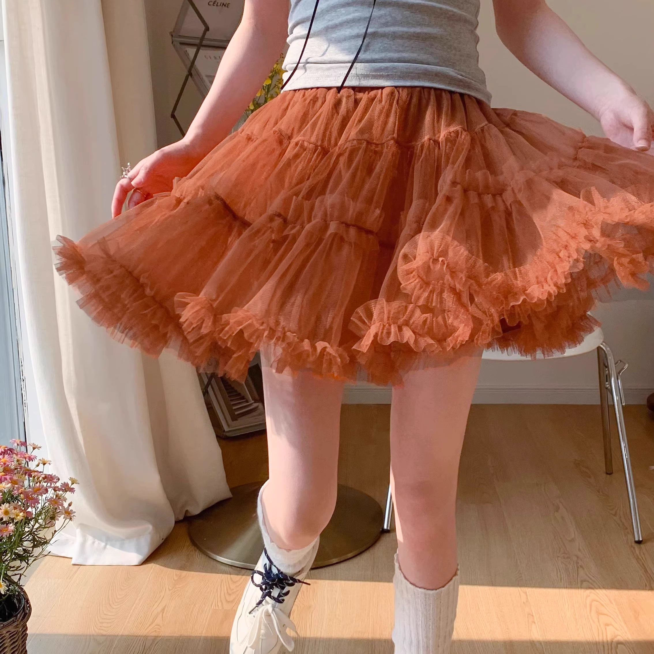 Lolita Petticoat Skirt - Balletcore Layered Tulle Pettiskirt in Beige Blue Khaki with Anti-Peek