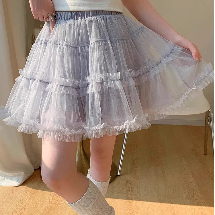 Lolita Petticoat Skirt - Balletcore Layered Tulle Pettiskirt in Beige Blue Khaki with Anti-Peek