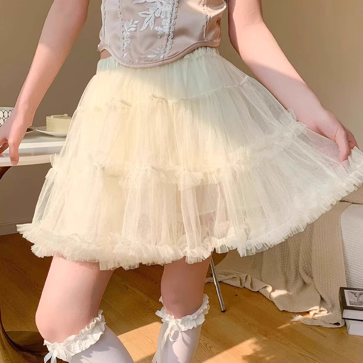 Lolita Petticoat Skirt - Balletcore Layered Tulle Pettiskirt in Beige Blue Khaki with Anti-Peek