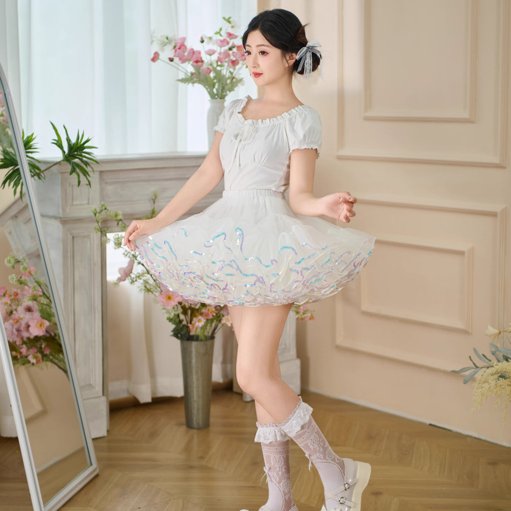 Lolita Petticoat Super Fluffy - Sparkle Trim Mid Rise Short Crinoline in Black White