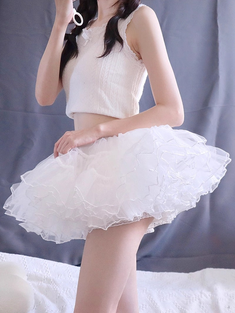 Lolita Petticoat White Four-Layer Soft Tulle Adjustable Fishbone Mini Crinoline for Daily