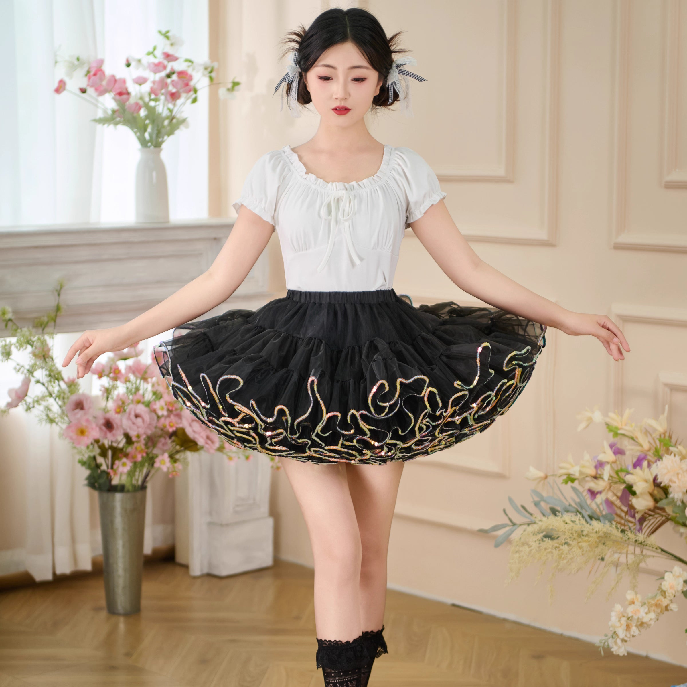 Lolita Petticoat with Sparkle Trim - Mid Rise Fluffy Short in Black White Underskirt
