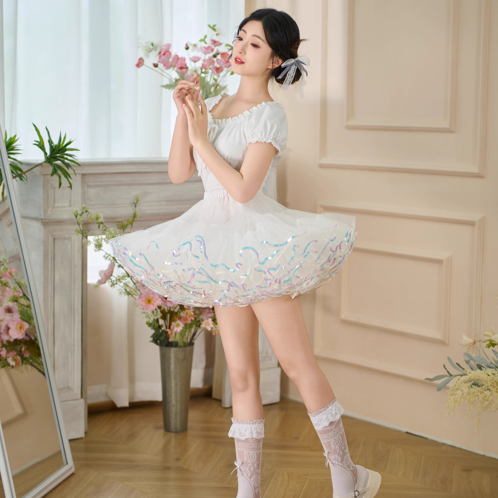 Lolita Petticoat with Sparkle Trim - Mid Rise Fluffy Short in Black White Underskirt