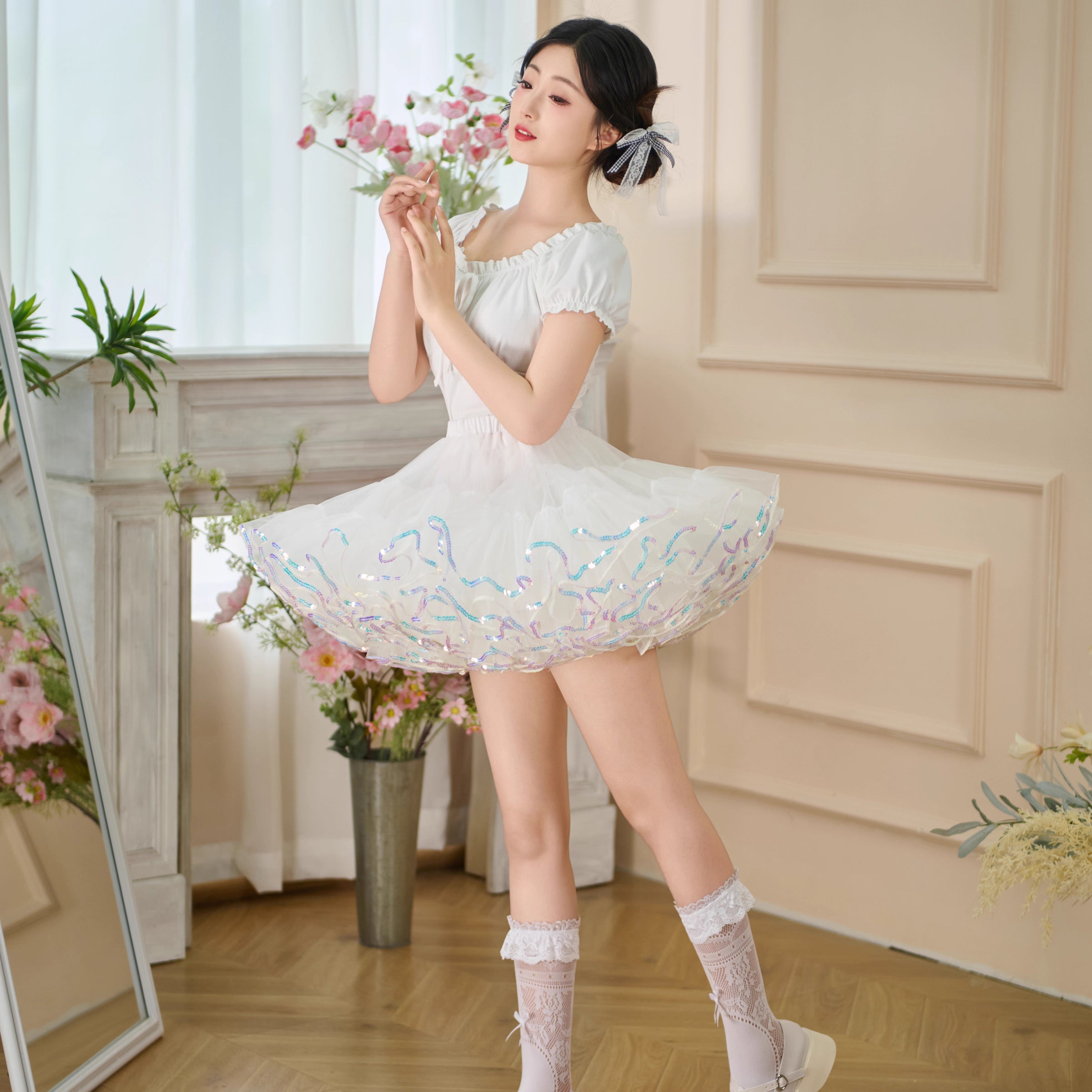 Lolita Petticoat with Sparkle Trim - Mid Rise Fluffy Short in Black White Underskirt