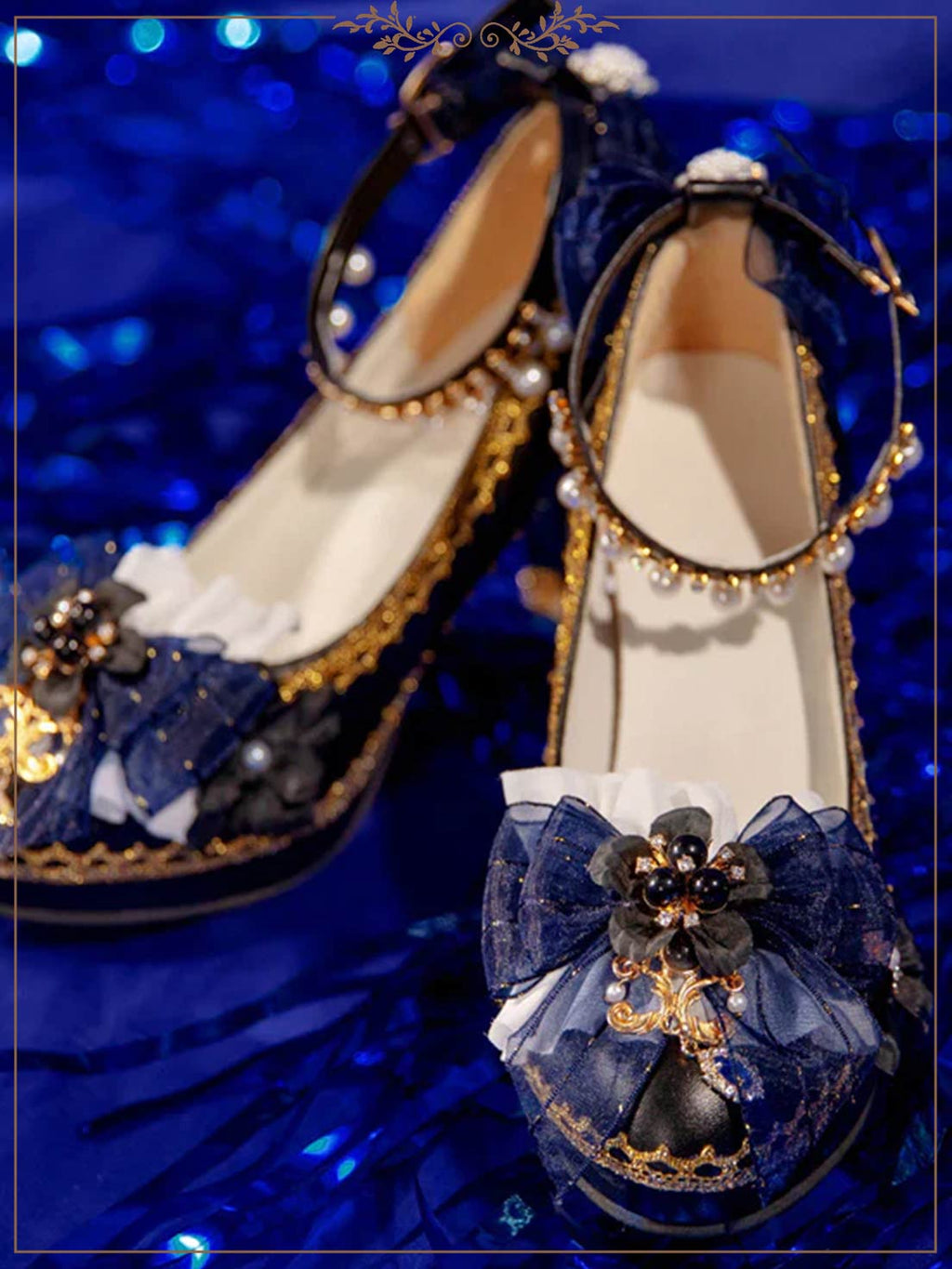 Lolita Shoes Chunky Heel Black Blue Shoes with Multi Color Lace Trim