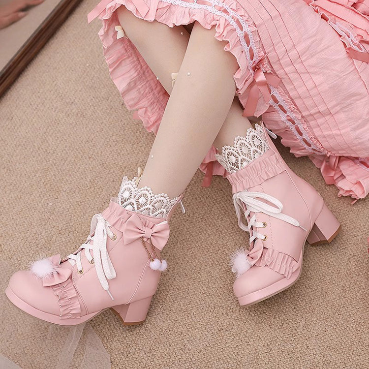 Design Concept:

These charming Lolita boots perfectly combine sweet elegance with detailed craftsmanship. Made with high-quality materials, they feature delicate embroidered lace and a playful ribbon accent on the front, creating a refined and feminine look. Designed with a comfortable mid-height heel and sturdy sole, they provide both style and support for daily wear or special occasions. Available in three enchanting colors—black, pink, and white—these boots are ideal for completing sweet, classic, or el