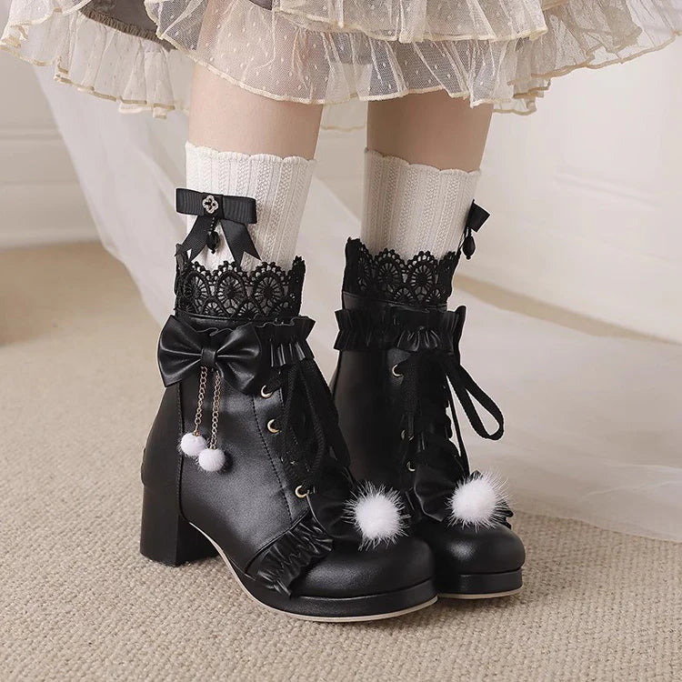 Design Concept:

These charming Lolita boots perfectly combine sweet elegance with detailed craftsmanship. Made with high-quality materials, they feature delicate embroidered lace and a playful ribbon accent on the front, creating a refined and feminine look. Designed with a comfortable mid-height heel and sturdy sole, they provide both style and support for daily wear or special occasions. Available in three enchanting colors—black, pink, and white—these boots are ideal for completing sweet, classic, or el