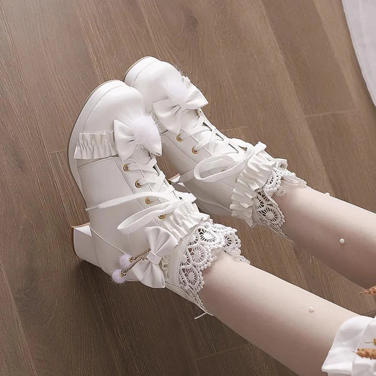 Design Concept:

These charming Lolita boots perfectly combine sweet elegance with detailed craftsmanship. Made with high-quality materials, they feature delicate embroidered lace and a playful ribbon accent on the front, creating a refined and feminine look. Designed with a comfortable mid-height heel and sturdy sole, they provide both style and support for daily wear or special occasions. Available in three enchanting colors—black, pink, and white—these boots are ideal for completing sweet, classic, or el