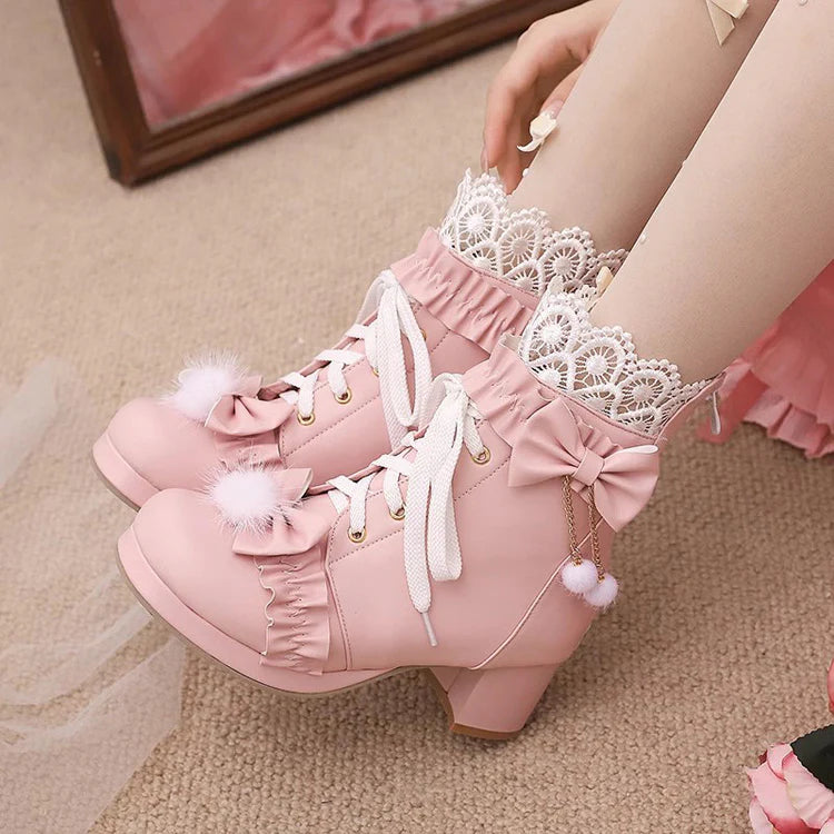 Design Concept:

These charming Lolita boots perfectly combine sweet elegance with detailed craftsmanship. Made with high-quality materials, they feature delicate embroidered lace and a playful ribbon accent on the front, creating a refined and feminine look. Designed with a comfortable mid-height heel and sturdy sole, they provide both style and support for daily wear or special occasions. Available in three enchanting colors—black, pink, and white—these boots are ideal for completing sweet, classic, or el