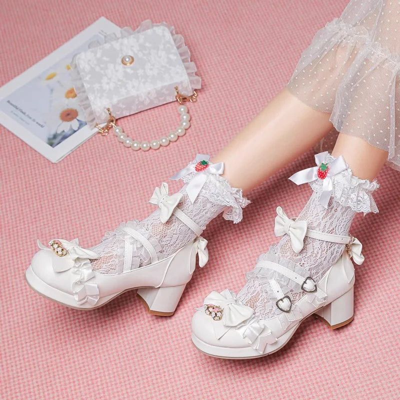 Design Concept:

These elegant Lolita high heels bring together sweet princess charm and refined details. Each pair is adorned with delicate lace, embroidered accents, and a graceful ribbon bow, creating a feminine and romantic aesthetic. Designed with a comfortable 3–5cm heel, they provide a subtle lift without sacrificing stability, making them suitable for long wear. Available in six enchanting colors—black, beige, pink, white, blue, and purple—these heels are the perfect finishing touch for both classic