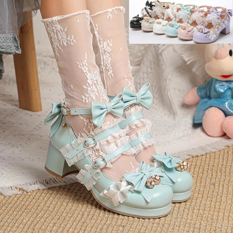 Design Concept:

These elegant Lolita high heels bring together sweet princess charm and refined details. Each pair is adorned with delicate lace, embroidered accents, and a graceful ribbon bow, creating a feminine and romantic aesthetic. Designed with a comfortable 3–5cm heel, they provide a subtle lift without sacrificing stability, making them suitable for long wear. Available in six enchanting colors—black, beige, pink, white, blue, and purple—these heels are the perfect finishing touch for both classic