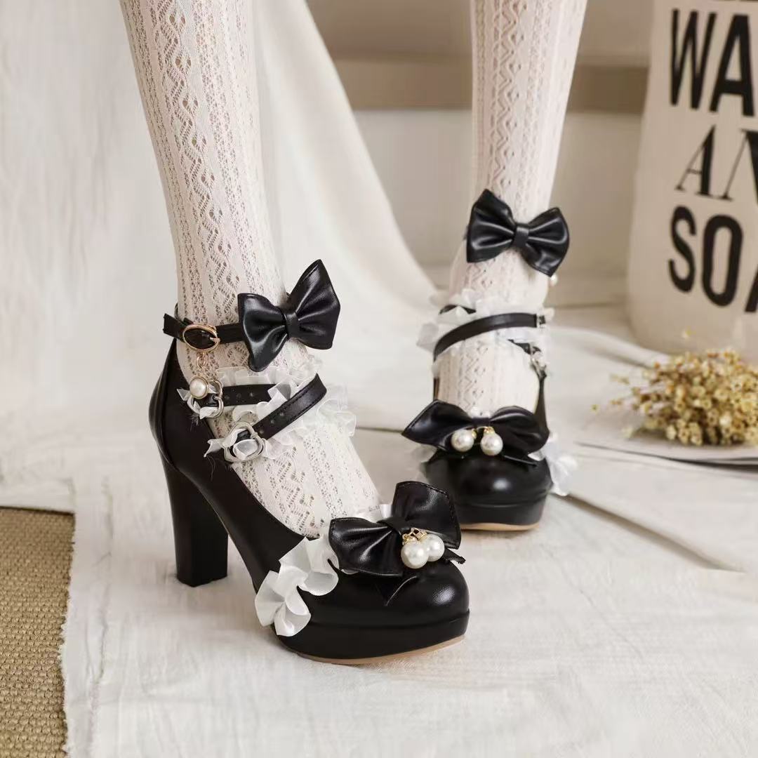 Design Concept:

These charming Lolita shoes are crafted to combine elegance and playful princess-inspired charm. Made from high-quality materials, each pair features delicate lace detailing and a sweet ribbon accent on the front, adding a feminine touch. Designed with a rounded toe and an 8cm sturdy heel, they provide both height and stability while ensuring comfort for extended wear. Perfect for daily Lolita outfits, tea parties, or special occasions. Available in four versatile colors—black, white, beige