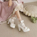 Design Concept:

These charming Lolita shoes are crafted to combine elegance and playful princess-inspired charm. Made from high-quality materials, each pair features delicate lace detailing and a sweet ribbon accent on the front, adding a feminine touch. Designed with a rounded toe and an 8cm sturdy heel, they provide both height and stability while ensuring comfort for extended wear. Perfect for daily Lolita outfits, tea parties, or special occasions. Available in four versatile colors—black, white, beige