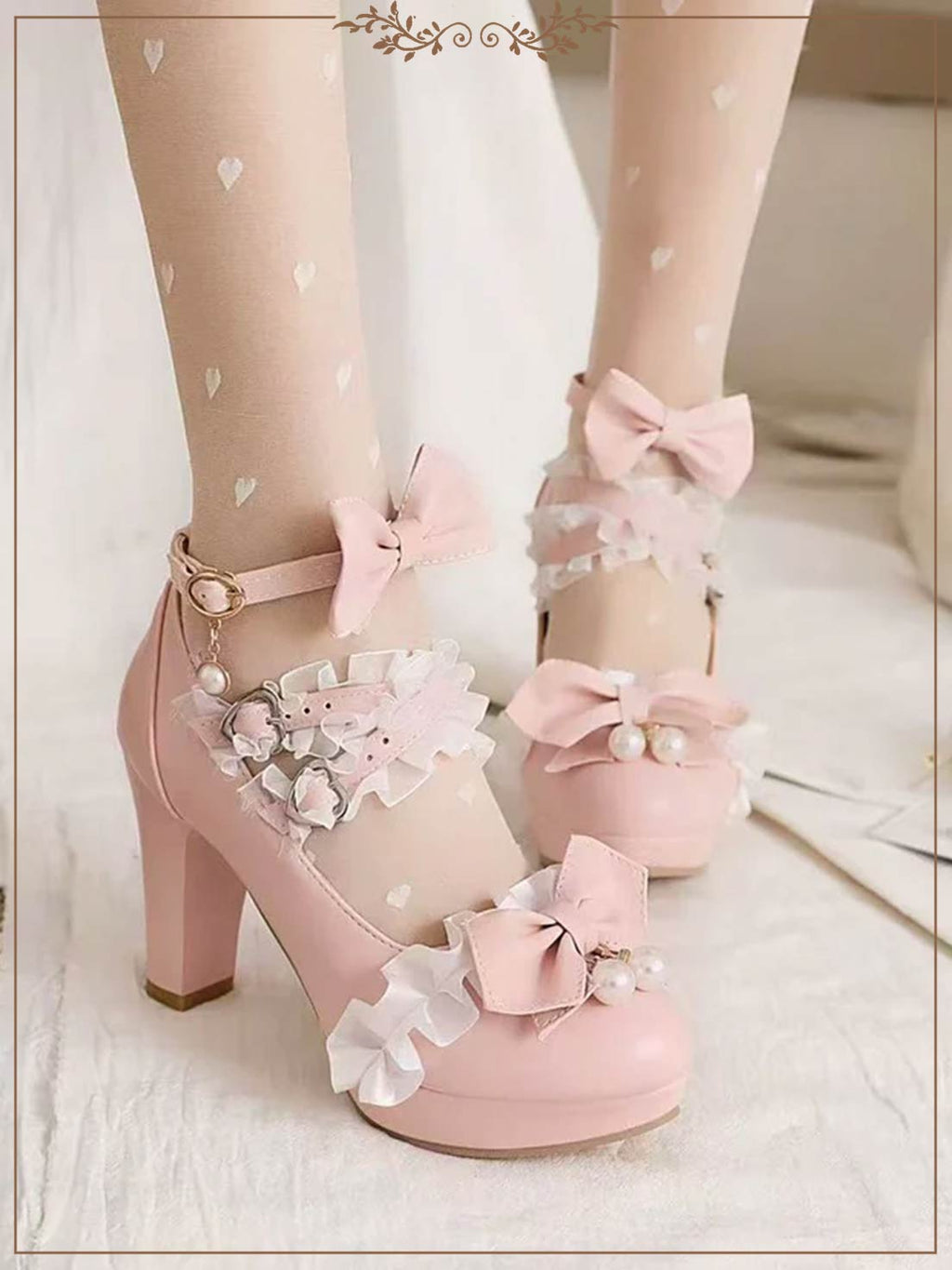 Lolita Shoes Sweet Princess Lace Bow Accent Heels in 4 Colors