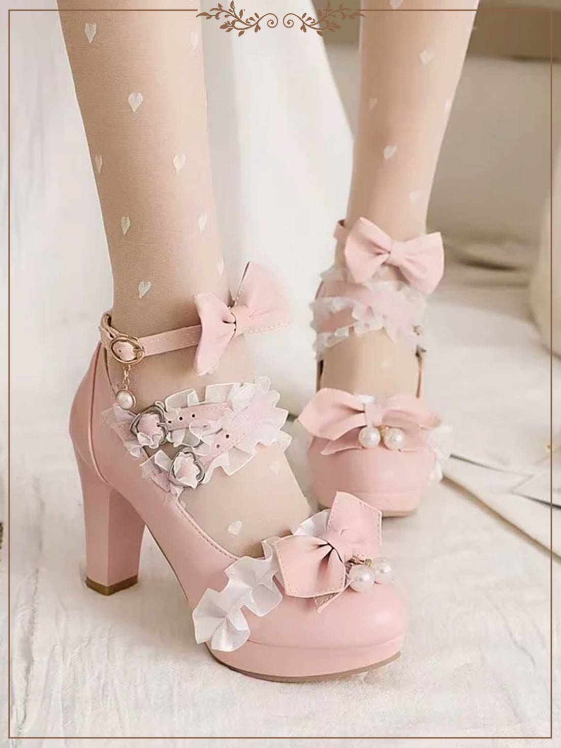 Lolita Shoes Sweet Princess Lace Bow Accent Heels in 4 Colors