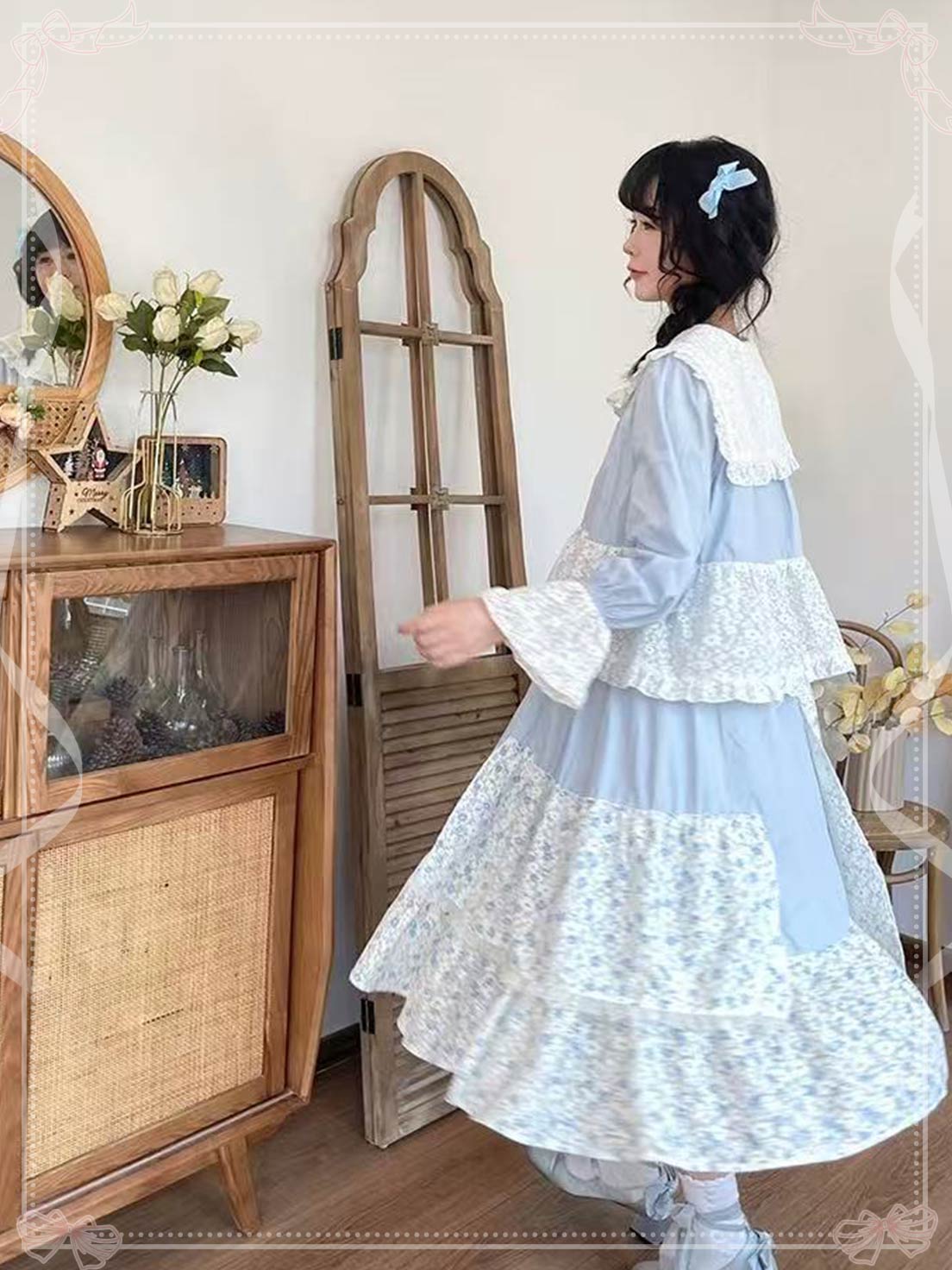 Lolita Skirt Sweet Princess High Waist Patchwork Floral Lace Midi Skirt in Apricot Blue