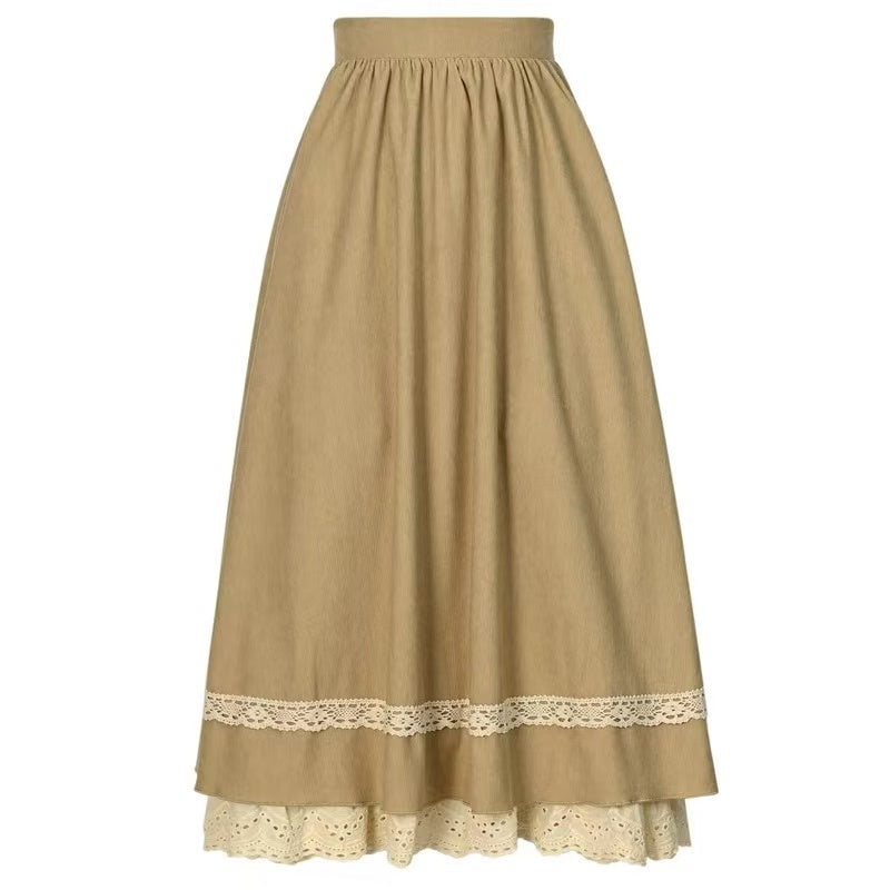 Design Concept:
This Lolita skirt in classic brown and khaki tones is crafted with a soft, flowing fabric, featuring delicate lace trim along the hemline. The long A-line silhouette combines vintage elegance with everyday practicality, offering a flattering high-waist design that elongates the figure. Its versatile solid color design makes it easy to pair with blouses or coats, creating both simple daily outfits and refined Lolita coordinates. Perfect for autumn gatherings, tea parties, or casual outings, t