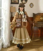 Design Concept:
This Lolita skirt in classic brown and khaki tones is crafted with a soft, flowing fabric, featuring delicate lace trim along the hemline. The long A-line silhouette combines vintage elegance with everyday practicality, offering a flattering high-waist design that elongates the figure. Its versatile solid color design makes it easy to pair with blouses or coats, creating both simple daily outfits and refined Lolita coordinates. Perfect for autumn gatherings, tea parties, or casual outings, t