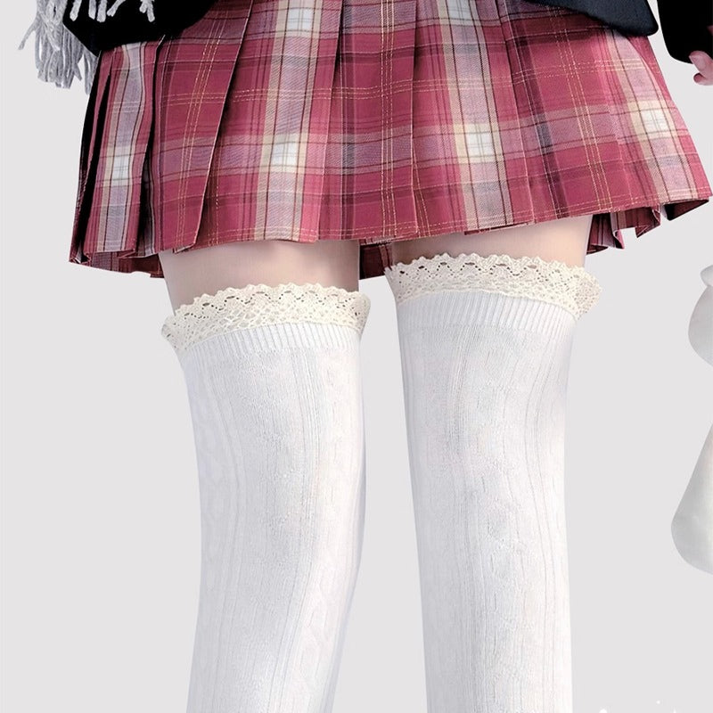 Design Concept:


These Lolita stockings feature a thick cable knit design with delicate lace trim, available in black, white, and dark grey. Designed in a Japanese JK style, they provide warmth and comfort while maintaining a stylish, over-the-knee look. Each sock measures approximately 52cm in length, making them perfect for pairing with skirts, dresses, or cosplay outfits. The combination of thickness, lace details, and classic colors adds both elegance and a cozy aesthetic to your wardrobe.