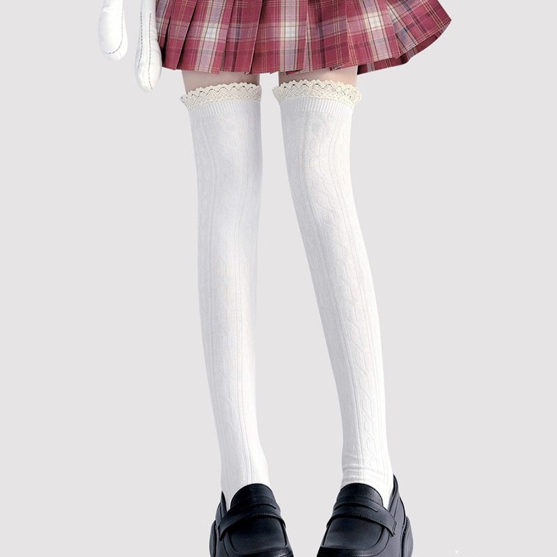 Design Concept:


These Lolita stockings feature a thick cable knit design with delicate lace trim, available in black, white, and dark grey. Designed in a Japanese JK style, they provide warmth and comfort while maintaining a stylish, over-the-knee look. Each sock measures approximately 52cm in length, making them perfect for pairing with skirts, dresses, or cosplay outfits. The combination of thickness, lace details, and classic colors adds both elegance and a cozy aesthetic to your wardrobe.