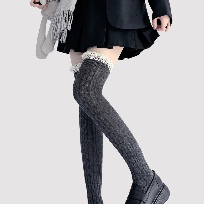 Design Concept:


These Lolita stockings feature a thick cable knit design with delicate lace trim, available in black, white, and dark grey. Designed in a Japanese JK style, they provide warmth and comfort while maintaining a stylish, over-the-knee look. Each sock measures approximately 52cm in length, making them perfect for pairing with skirts, dresses, or cosplay outfits. The combination of thickness, lace details, and classic colors adds both elegance and a cozy aesthetic to your wardrobe.