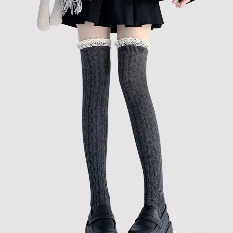 Design Concept:


These Lolita stockings feature a thick cable knit design with delicate lace trim, available in black, white, and dark grey. Designed in a Japanese JK style, they provide warmth and comfort while maintaining a stylish, over-the-knee look. Each sock measures approximately 52cm in length, making them perfect for pairing with skirts, dresses, or cosplay outfits. The combination of thickness, lace details, and classic colors adds both elegance and a cozy aesthetic to your wardrobe.