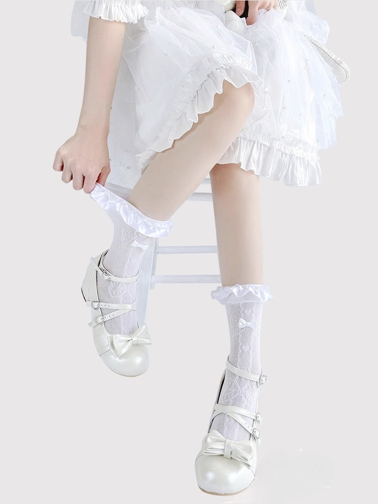 Design Concept:


These Lolita stockings are sheer, elastic socks designed in black and white, featuring delicate lace and charming bow details. With a mid-calf length of approximately 25cm when laid flat, they are both comfortable and flexible to wear. Perfect for creating a cute and elegant Lolita look, these socks complement dresses, skirts, and other Lolita accessories, adding a playful and feminine touch to your outfit.