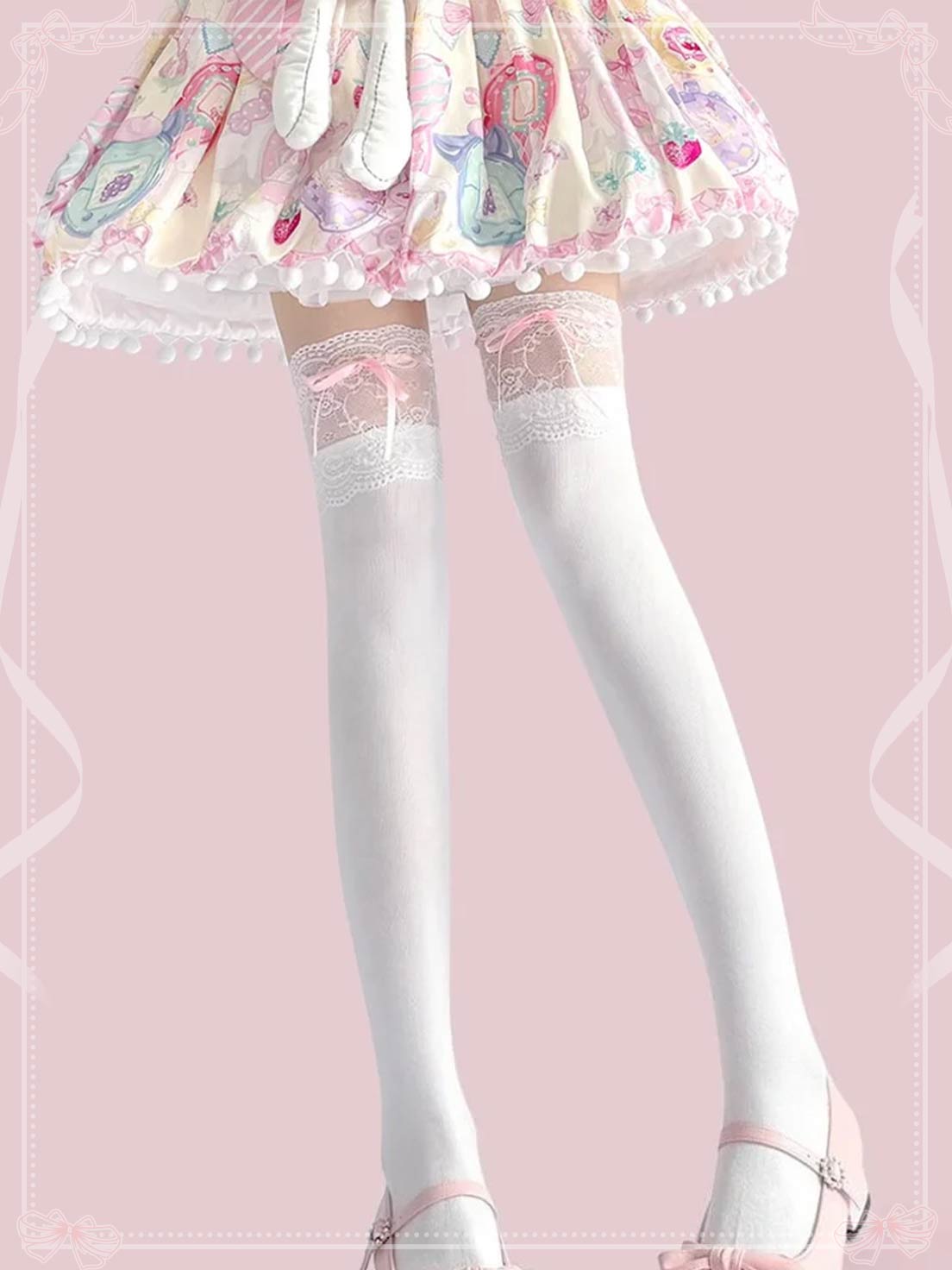 Lolita Stockings Japanese Lace Pink Nude Blue Cotton Thigh-High Socks with Bow Details