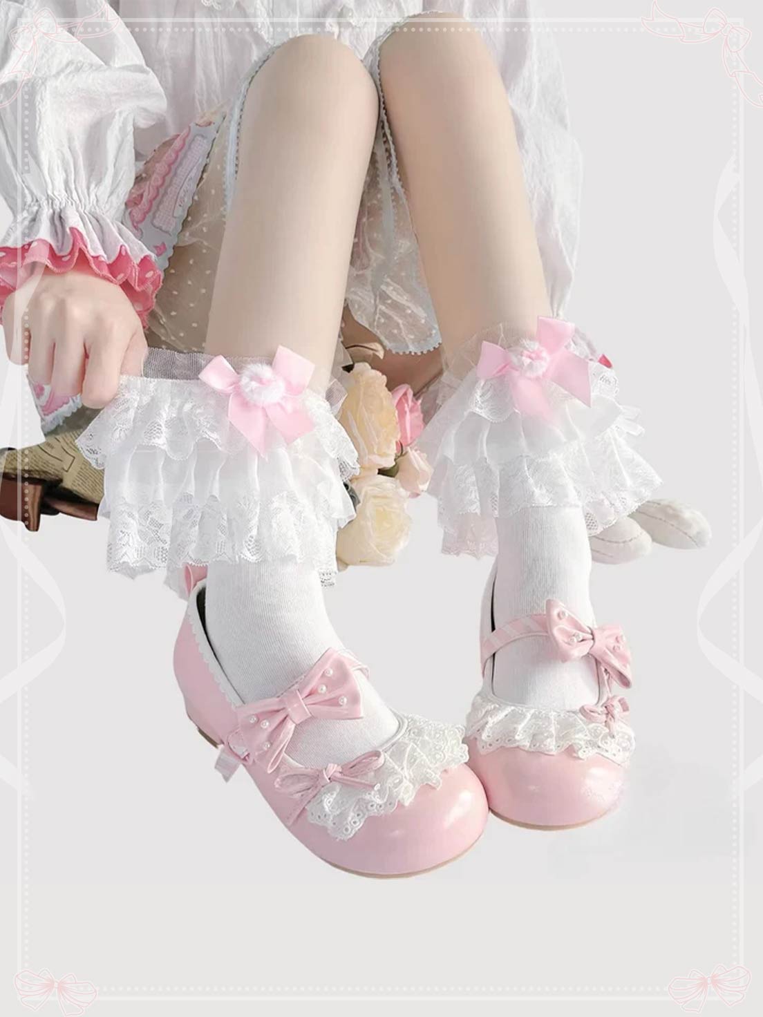 Lolita Stockings Multi-color Cotton Lace Knee-high Socks with Cute Bow Sweet Princess JK Style