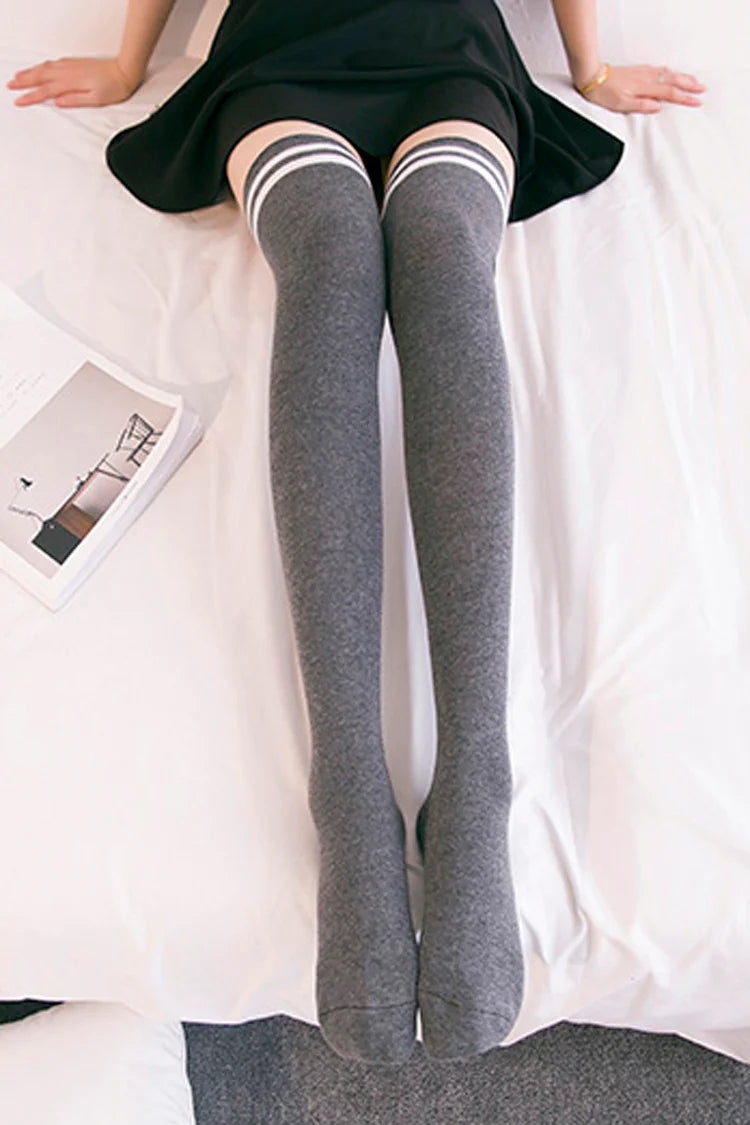 Lolita Stockings Multi Color Double Stripe Academic Printed Silk Lolita Socks 3 Colors