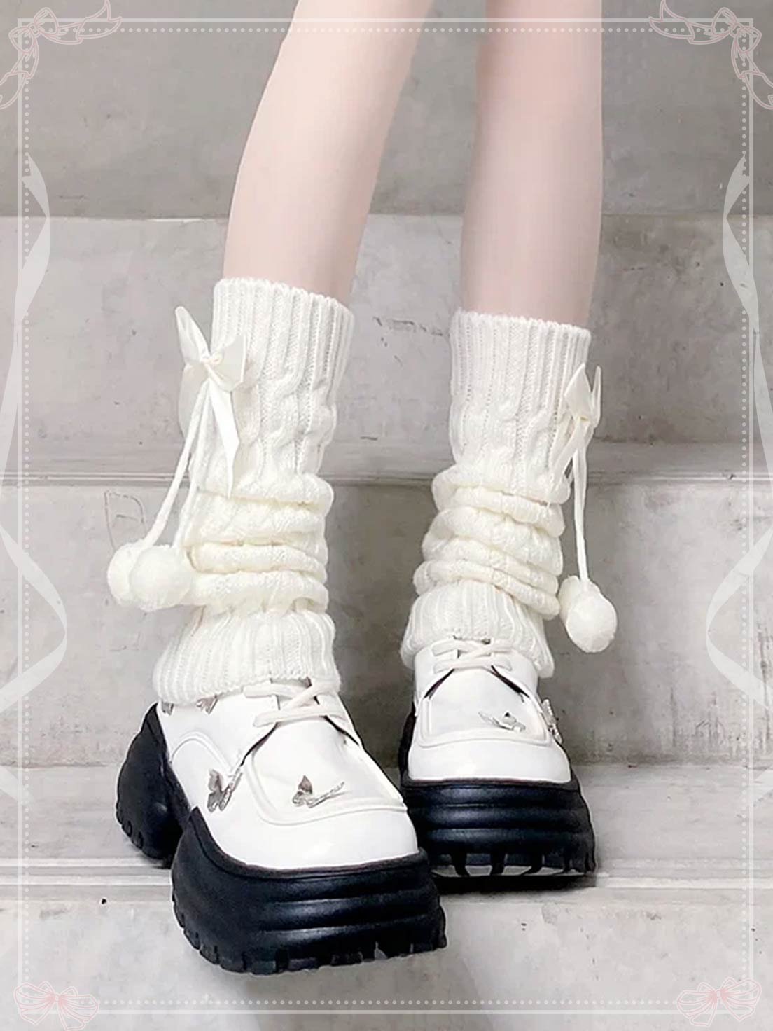 Lolita Stockings White Japanese Leg Thickened Pink Bow Stacked Socks Accessories