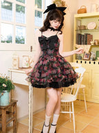 Gothic Lolita Black Rose Organza Floral Print Romantic Lace Bow Dress Puff Sleeves