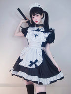 Maid Outfit Black White Ruffled Apron Cross Detail