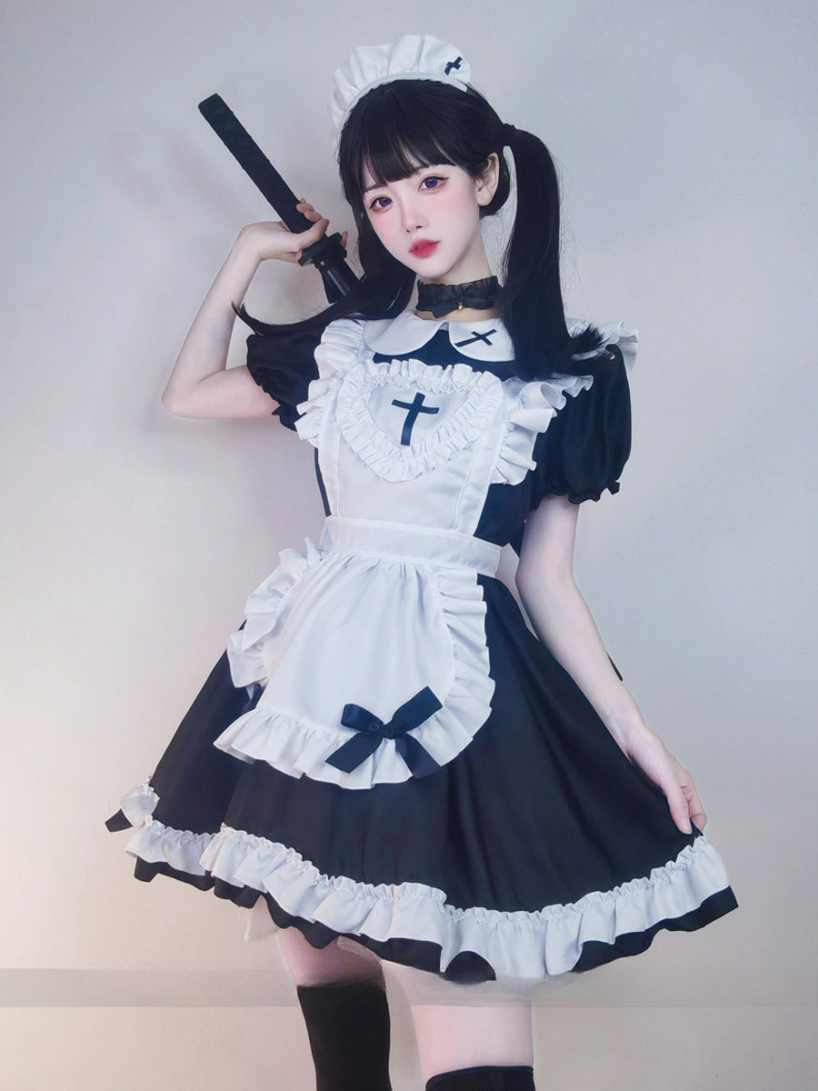 Maid Outfit Black White Ruffled Apron Cross Detail