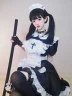 Maid Outfit Black White Ruffled Apron Cross Detail