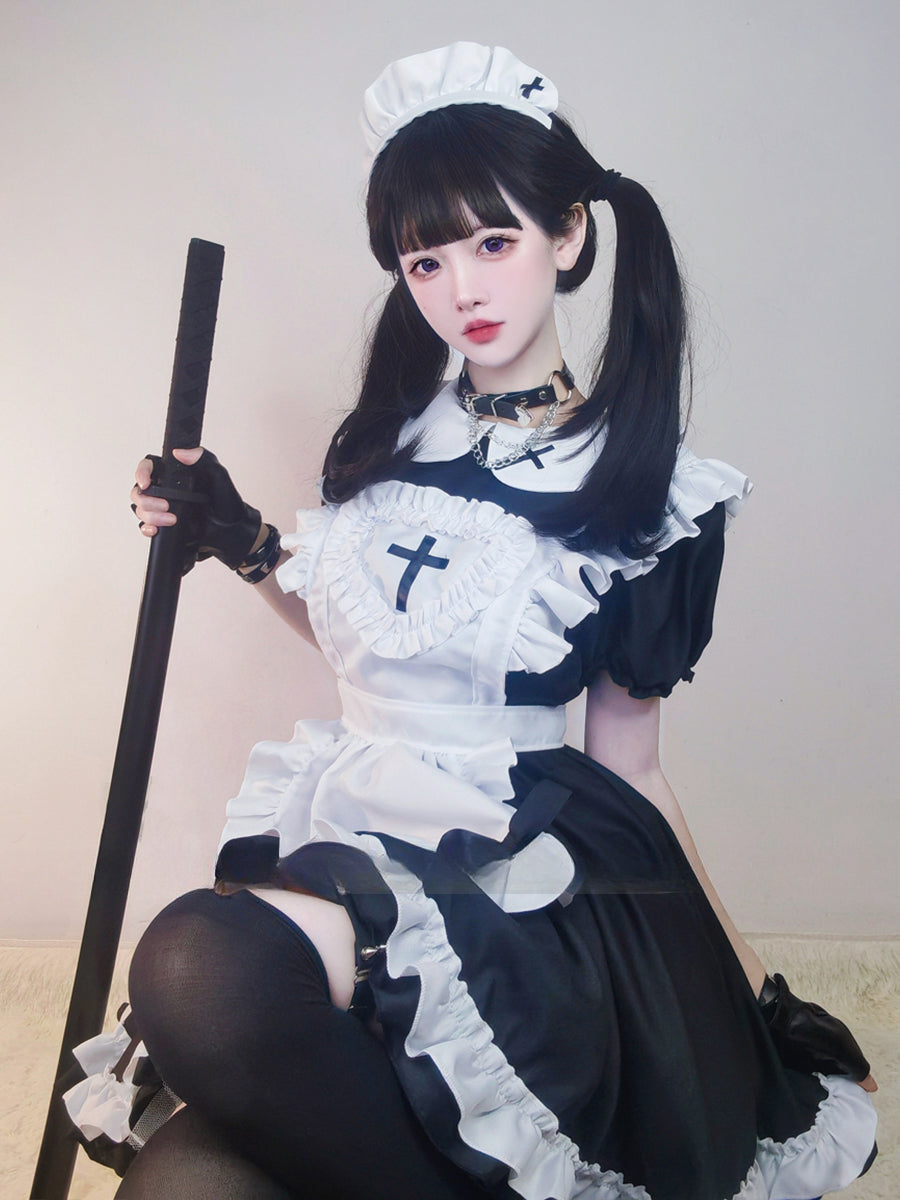 Maid Outfit Black White Ruffled Apron Cross Detail