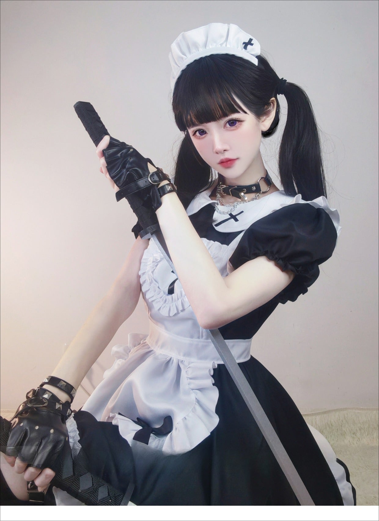 Maid Outfit Black White Ruffled Apron Cross Detail