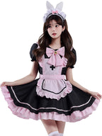 Design Concept:
This Maid Outfit Lolita dress features a charming black and pink color scheme with cat ear accents, a cute bow, and a flared skirt, perfectly capturing the essence of Japanese Lolita fashion. The outfit includes a matching headpiece, dress, apron, and an extra bow to complete the ensemble. The playful yet elegant design makes it ideal for daily cosplay, themed tea parties, or special dress-up occasions.